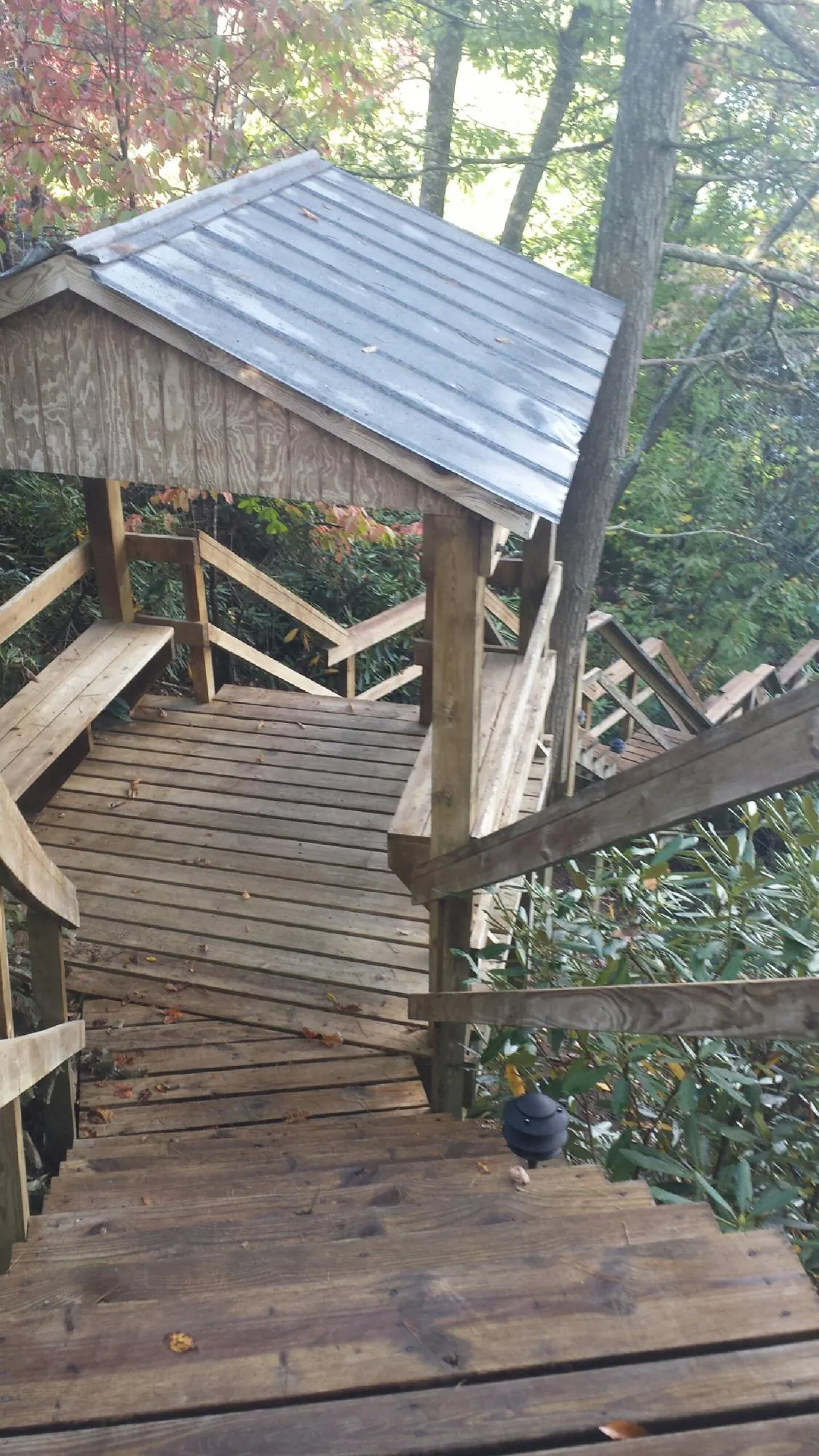 Metal roofed shelter over wooden steps on a wooded walkway — Skylight Repair & Installation work by our crew in Malaga